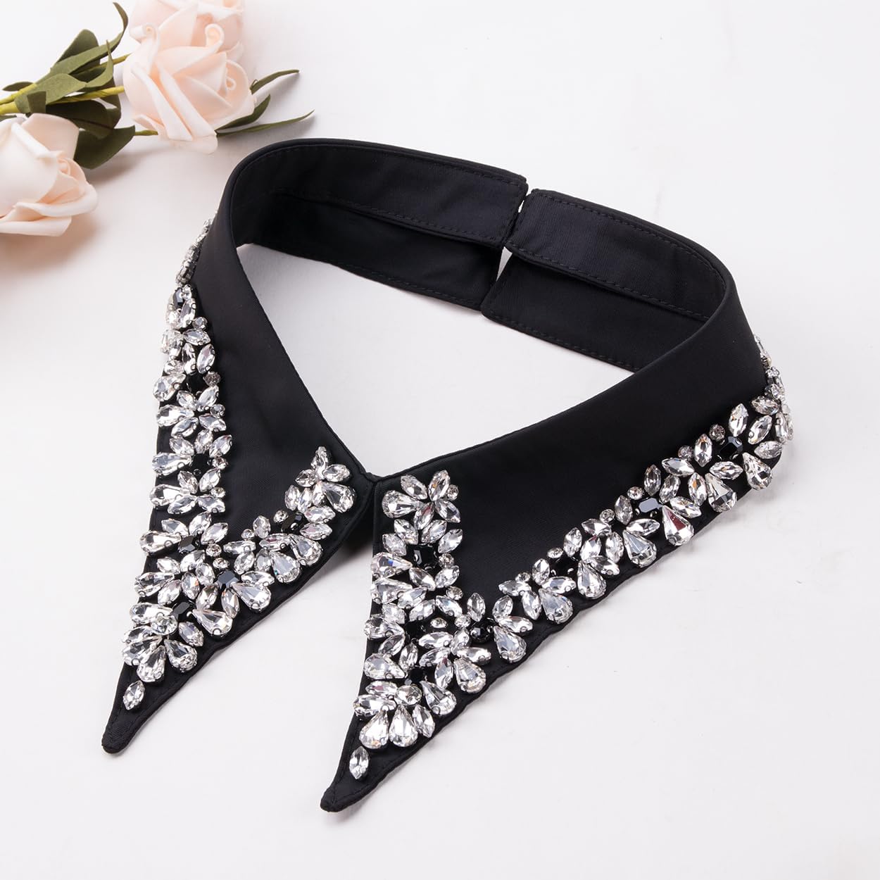 ZORZA 2Pcs Rhinestone Detachable Collar Set Elegant Hand Sewn Crystal Fake Collar Half Shirt Choker Necklace for Sweater Blouse Decoration(Black + White)