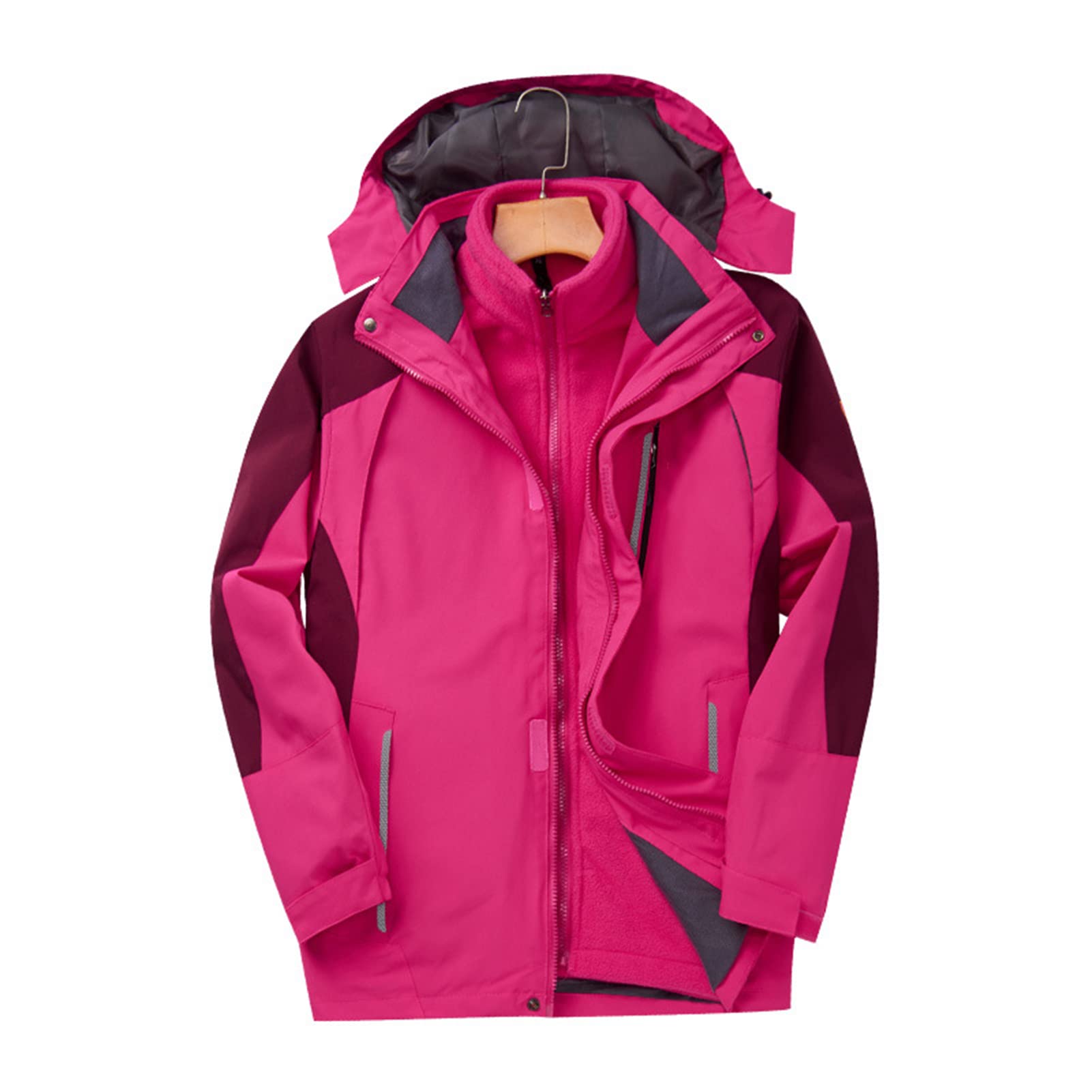 Womens Waterproof Jacket Autumn and Winter Outdoor Raincoat Jacket Lightweight Hooded Raincoat Hiking Riding Sportswear Rose red-6XL