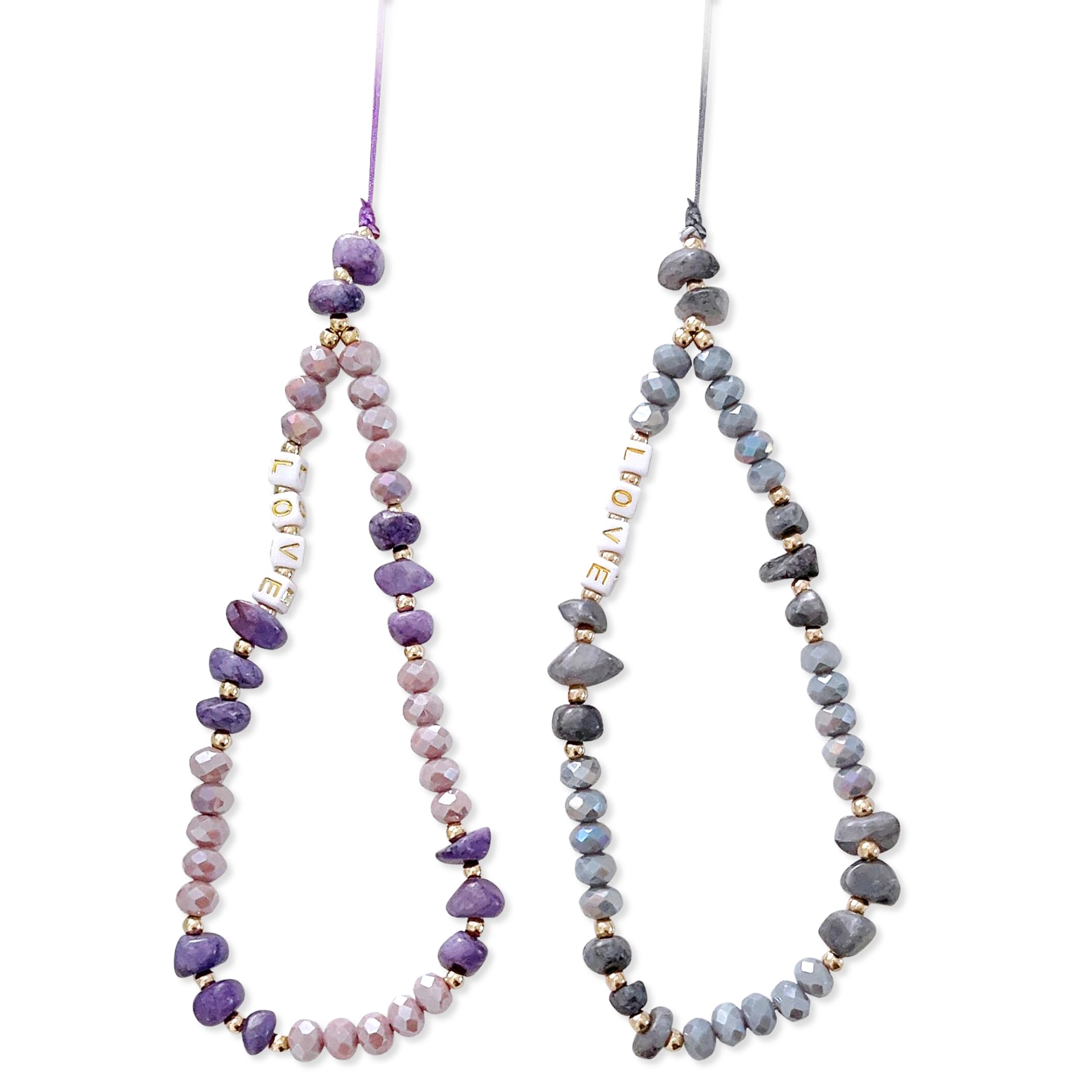 SZXYCZL 2PCS Beaded Phone Charm Cute LOVE and Lucky Crystal Marble Beaded,Elegant-simple-stylish Anti Lost Phone Chain Strap for Women Girls-Purple Grey