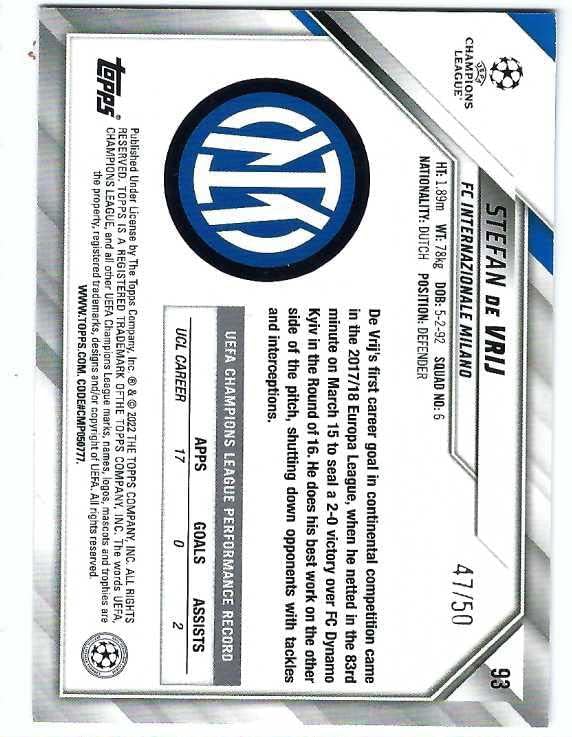 STEFAN DE VRIJ 2021-22 Topps UEFA Champions League Soccer #93 GOLD STARBALL FOIL PARALLEL Card #47 of only 50 Made! Inter Milan Netherlands