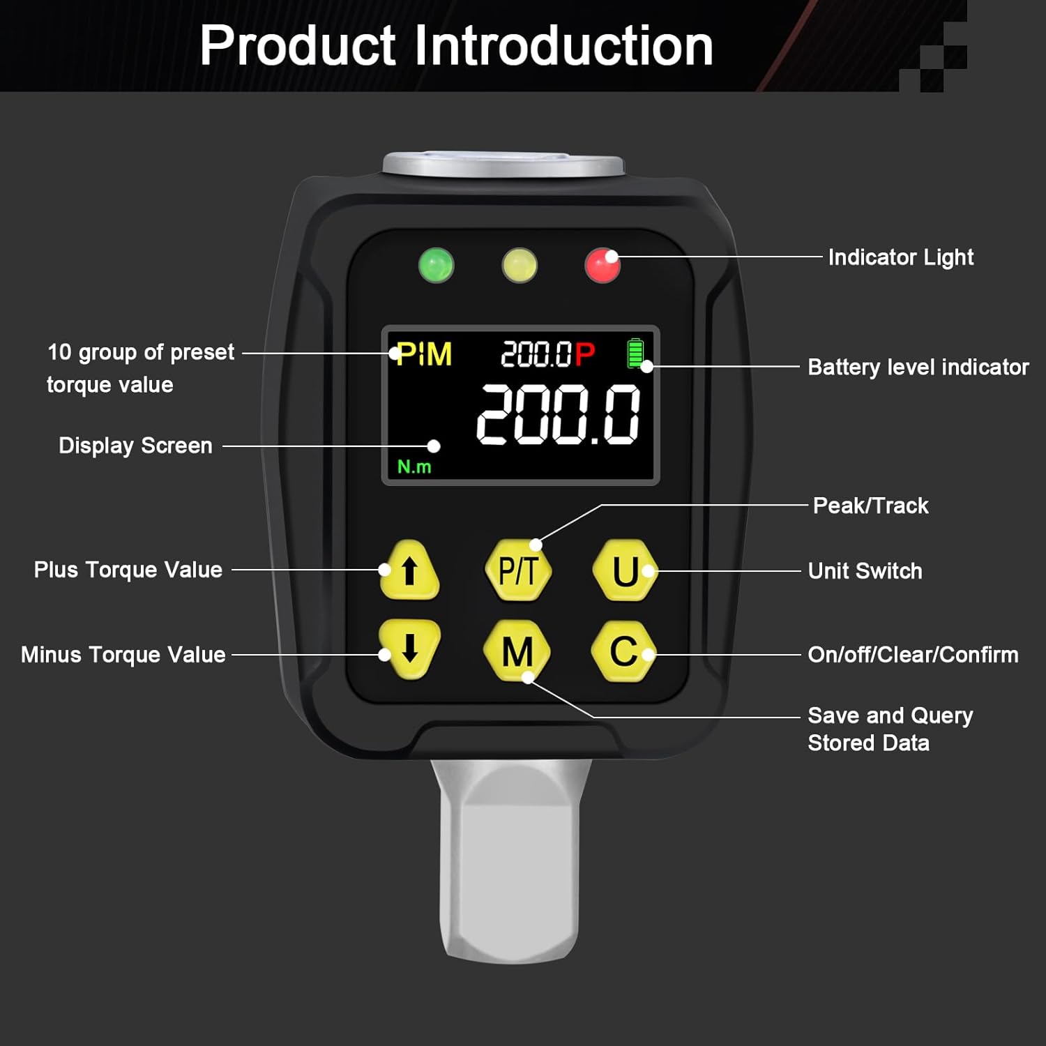 Diagram of Uharbour Digital Torque Adapter with labeled parts