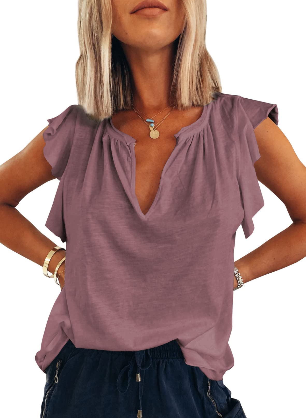 DokotooWomen's Casual V Neck Ruffle Sleeve Summer Tank Tops Shirts