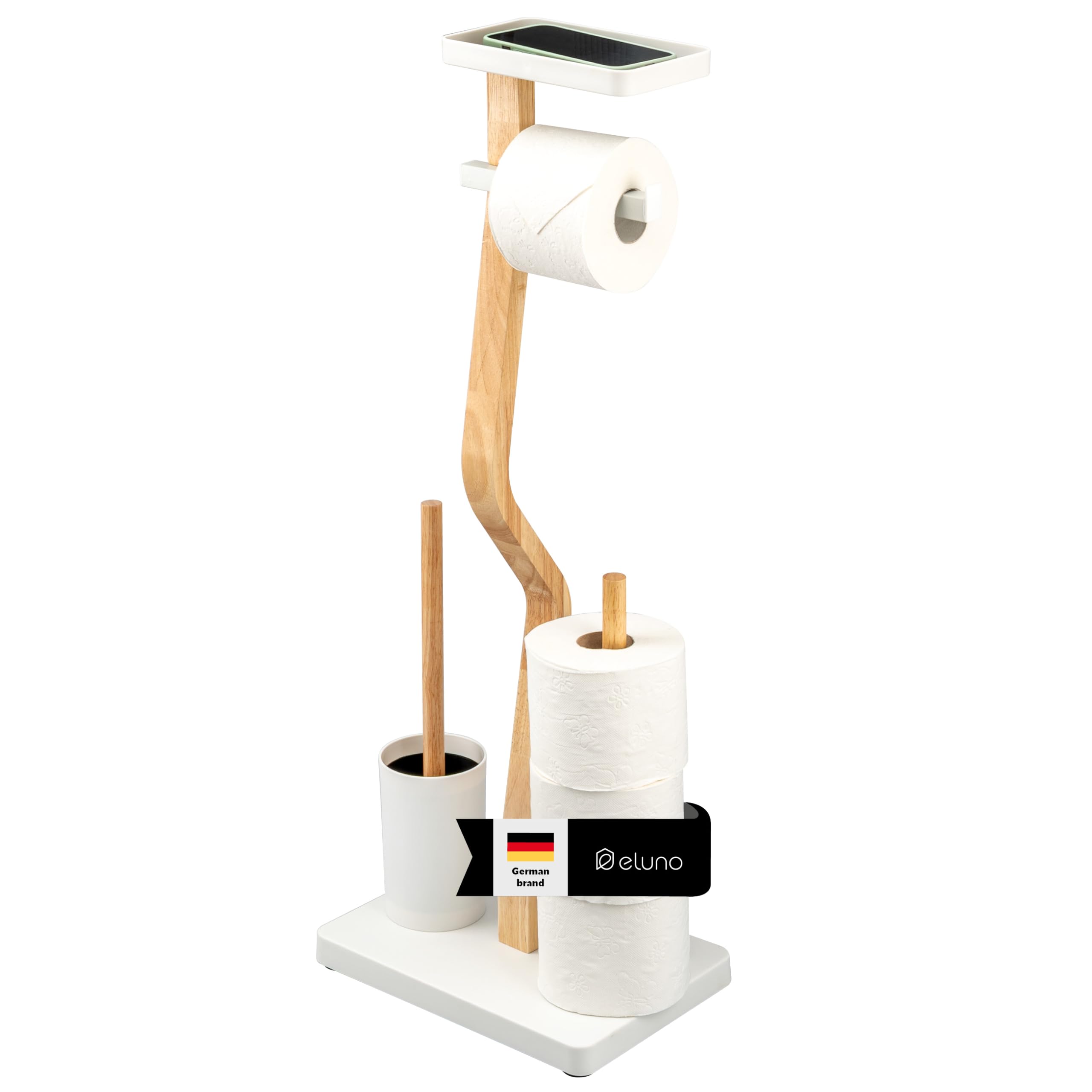 eluno Set WC 4 in 1, set WC autoportante con scopino per WC, 2 testine di ricambio, portarotolo per 3 ruote e ripiano, in legno certificato FSC e metallo bianco