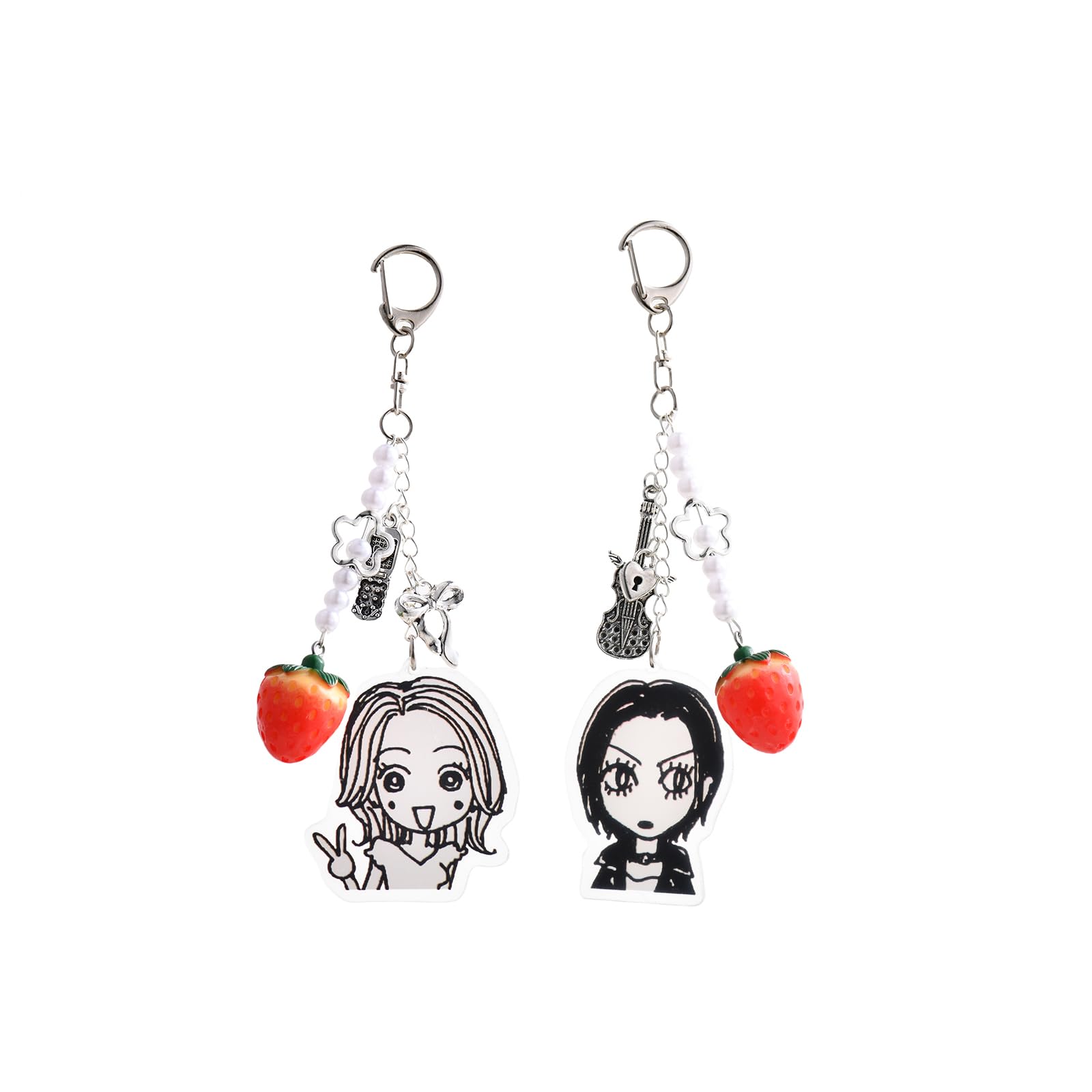 Cute Nana Inspired Anime Keychain Red Strawberry Keychain Guitar Bow Y2K Friendship BFF Keychain Anime Gift 2PC (Red), Medium