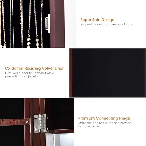 Miniatura 5 de Giantex Armario de joyería montado en la puerta con espejo de longitud completa organizador de joyas con espejo de maquillaje ranuras para