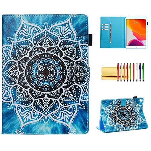 New iPad 10.2 Wallet Case, Techcircle Stand Folio Flip Smart Cover Slim Fit Pretty Printed Leather Protective Case for iPad 7th Generation 10.2-inch (2019), with Sleep/Wake Feature, Blue Datura