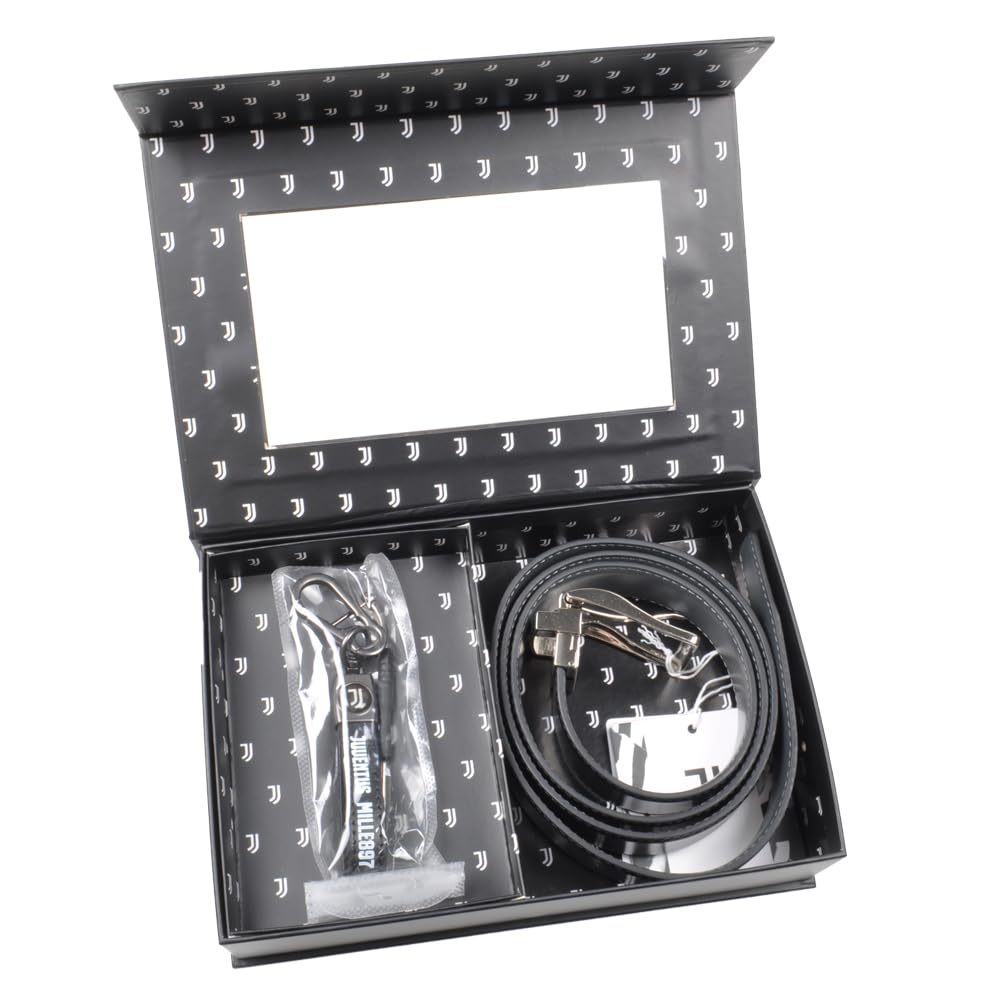 JUVENTUS Set Regalo Premium, Cintura in Pelle Nera e Portachiavi con Logo Ufficiale, Confezione Regalo Elegante