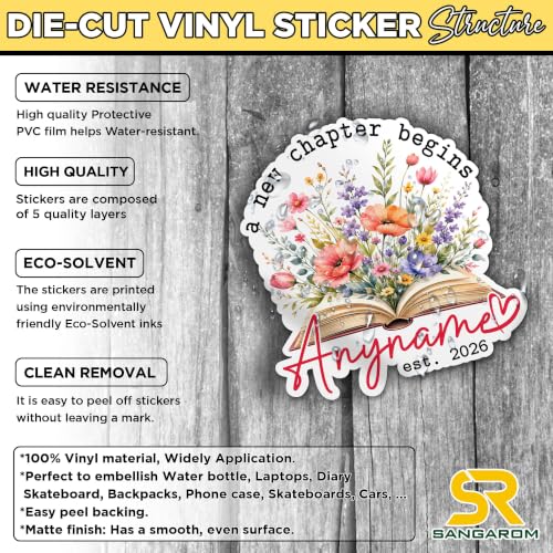 Custom A New Chapter Begins Name Sticker Personalized Text Floral Flower Books Decal Waterproof Die Cut Vinyl Decal for Water Bottle Laptop Helmet Car Phone Tablet for Girl Boy Kid - Image 4