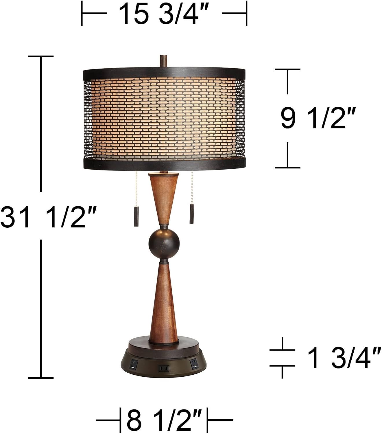 Franklin Iron Works Hunter Rustic Farmhouse Table Lamp with USB and AC Power Outlet Workstation Charging Base 28.75" Tall Bronze Cherry Wood Double Drum Shade for Living Room Bedroom House Bedside