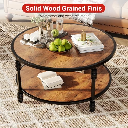 OPULENTHOME Großer Couchtisch, rund, aus Massivholz, Wohnzimmertisch im Vintage-Stil, 2 Ebenen, Beistelltisch mit Säulenfüßen, für Wohnzimmer, Büro, 72 x 72 x 48 cm – Bild 6