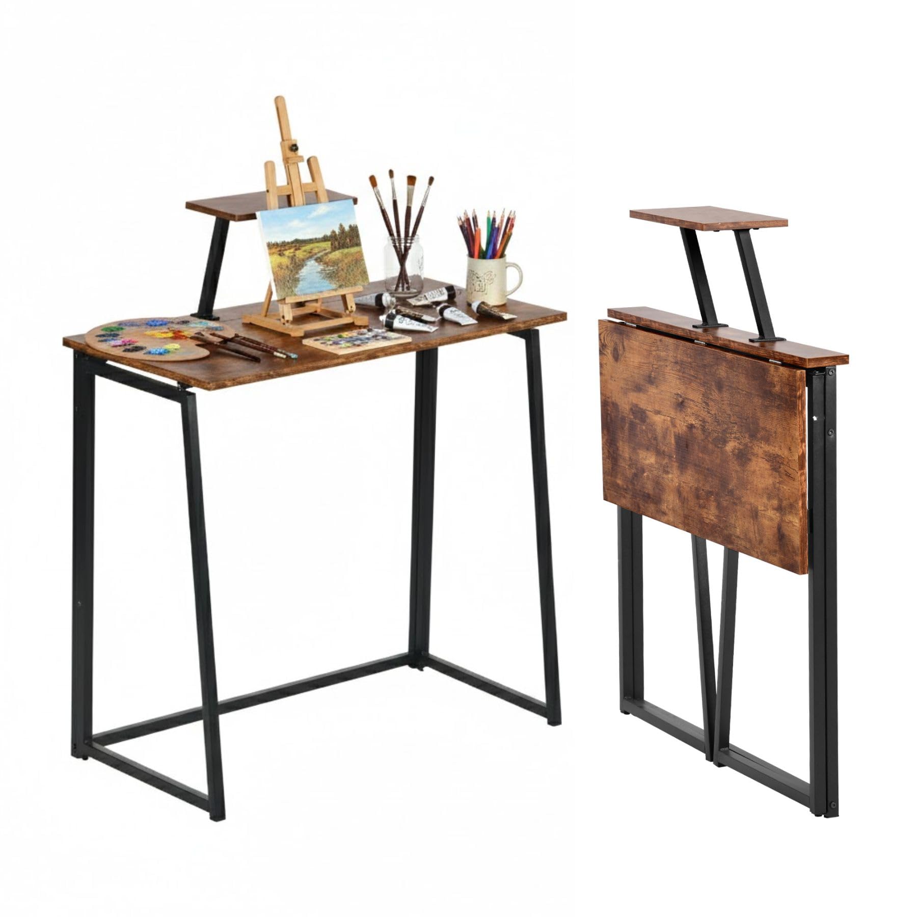 FurnitureR Kompakter Office & Drawing Table 80 × 40 cm, mit Metallrahmen & MDF-Holzplatte，Platzsparender Klapp-Arbeitstisch für Studenten, WG & Kleine Wohnungen, Stabiler Metallrahmen, In Vintage