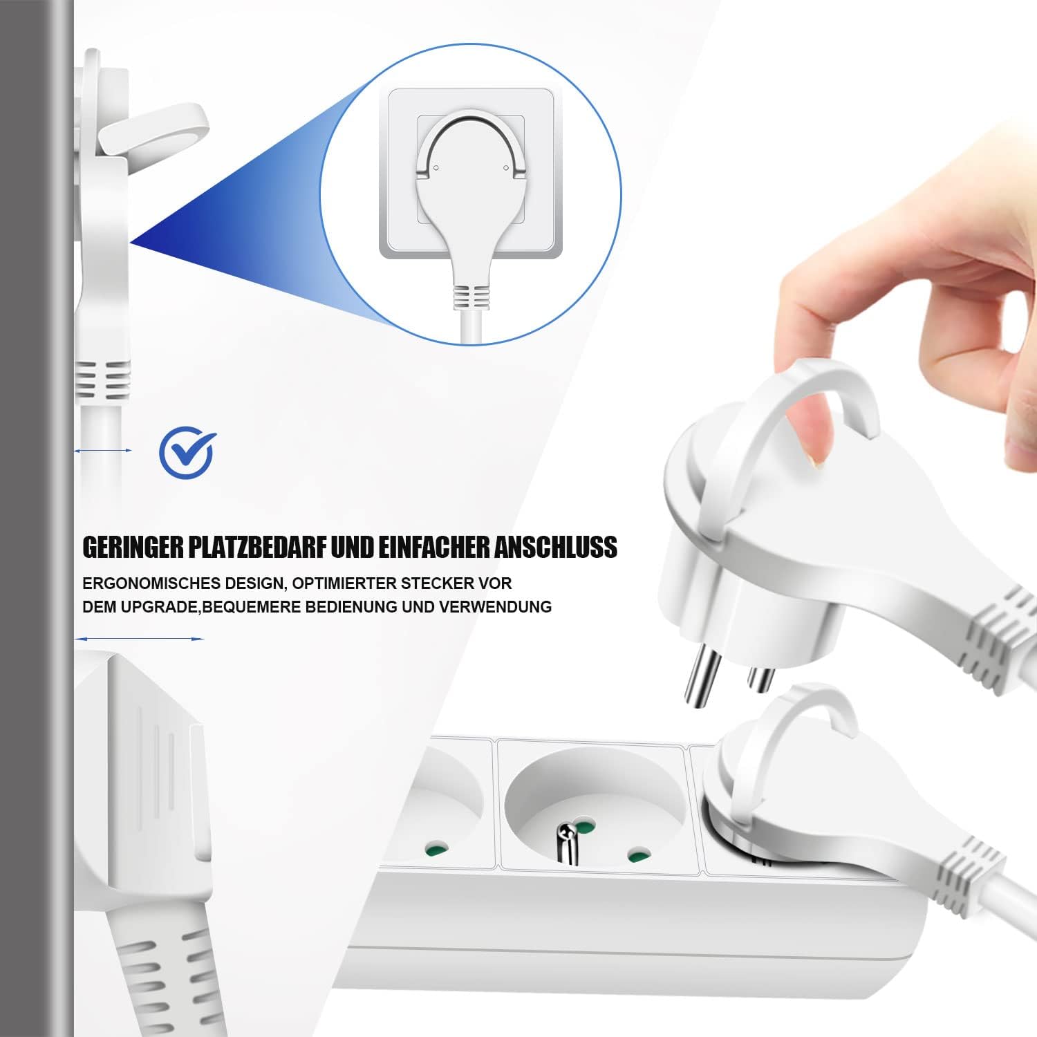 Close-up of the Extrastar power strip's flat plug design.