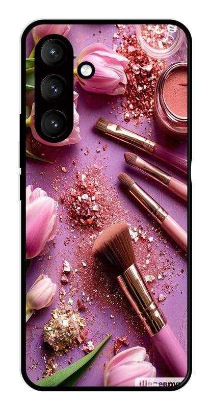 Image of AARFAA Compatible for Samsung Galaxy S26 5G Mobile Phone Back Cover Case for Metal | for Boys Girls | Makeup Brushes and Pink Flower Printed Rubber Silicone Soft TPU Sides with Camera Protection
