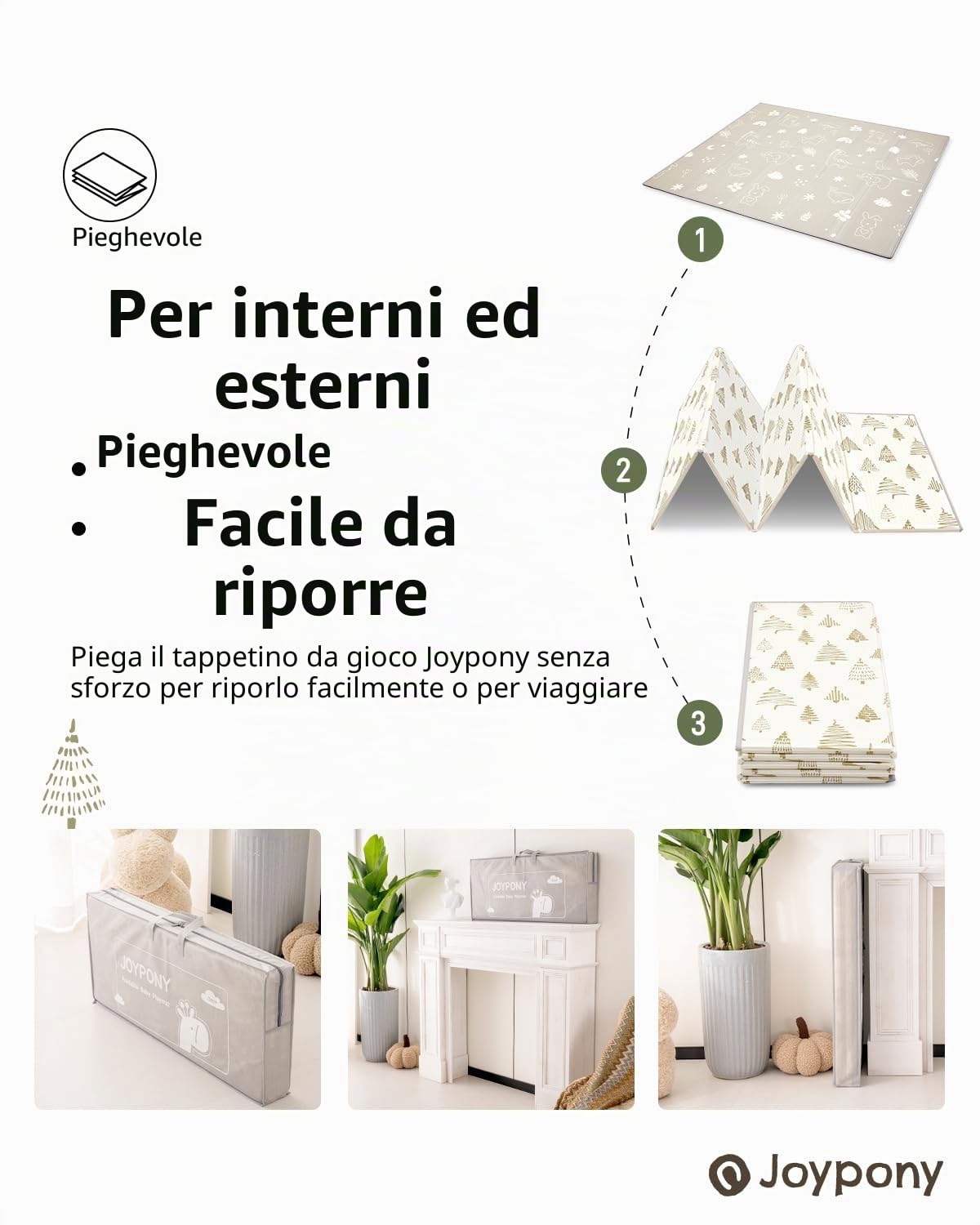 Joypony Tappetino per gattonare per bambini, pieghevole, 120 x 120 x 1 cm, antiscivolo e impermeabile, double face, con borsa per il trasporto e bordi cuciti, motivo: foresta