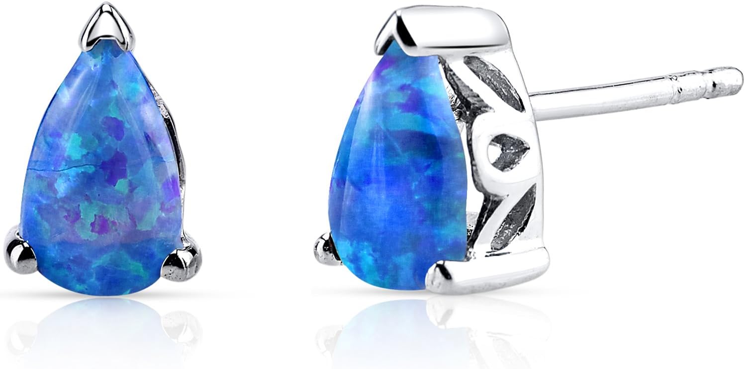 Peora Created Blue Fire Opal Earrings 925 Sterling Silver, Scroll Gallery Solitaire Studs, 1 Carat Total Teardrop Pear Shape 8x5mm, Friction Back, October Birthstone Earrings,