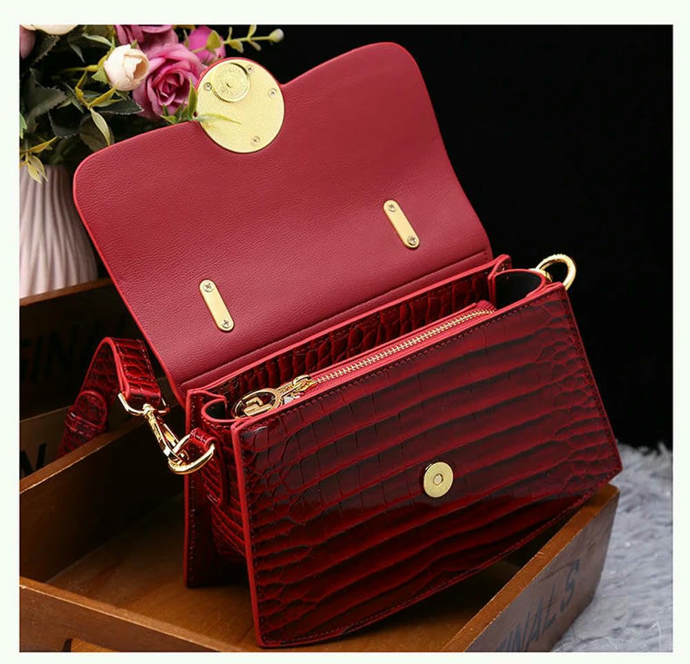 Bolsos de Mano para Mujer Bolso Bandolera de Piel auténtica roja con Estampado de cocodrilo Bolsos de Mano portátiles