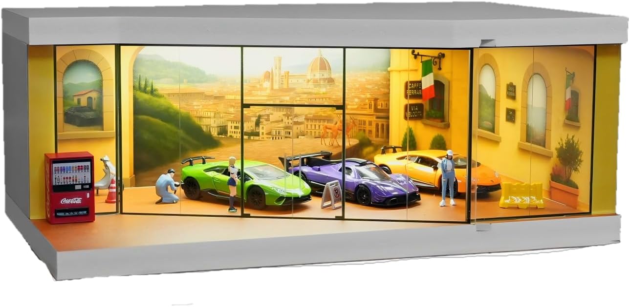 1:64 Scale Die-Cast Car Display Stand. Suitable for Hot Wheels, Matchbox, and Similar die-cast car Models. Setting and Lighting: Parking Lot (Racing Pit Stop Exhibition Hall)