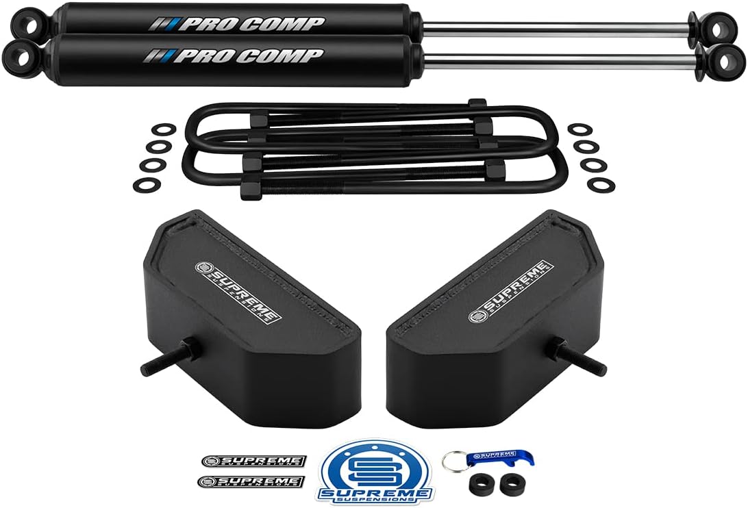 Supreme Suspensions - 3" Front Leveling Kit for 1999-2004 Ford F250 F350 Super Duty 4WD | US Patent Pending Lift Blocks + U-Bolts with Front Pro Comp PRO-X Shock Absorbers - Can Cooler Included