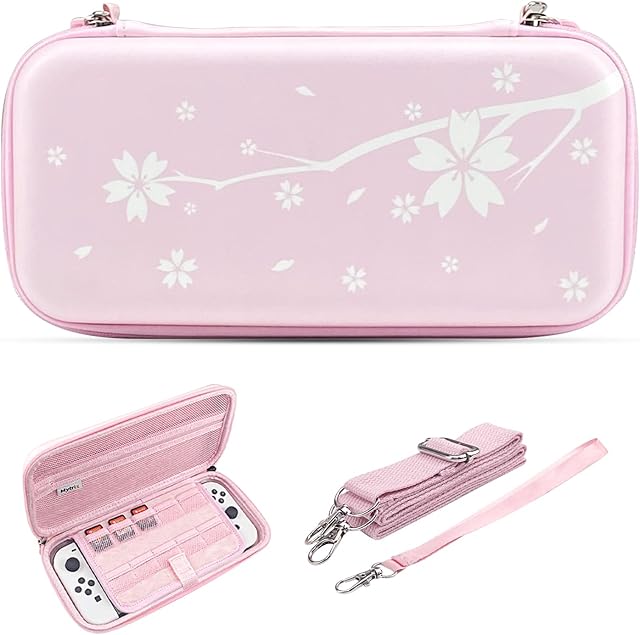 Mytrix Switch Carry Case Compatible with Nintendo Switch /OLED/Lite Console, Accessories and Games, Protective Travel Case, Portable Hardshell Pouch Girl Storage Bag, Animal Crossing Cherry Pink
