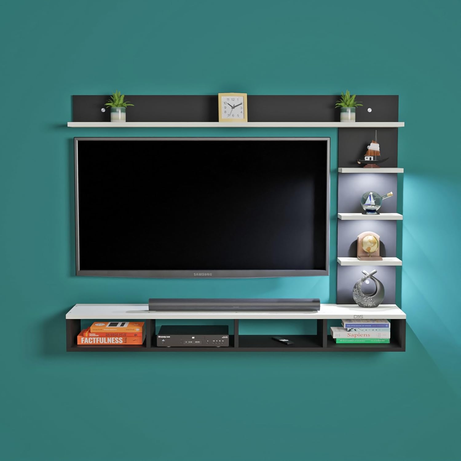 DAS Ambience LED Light Installed Wall Mount Engineered Wood TV Entertainment Unit/Tv Rack Set to Box Stand with Wall Shelves for Living Room Black & Frosty White Finish (Ideal for up to 43″) Screen