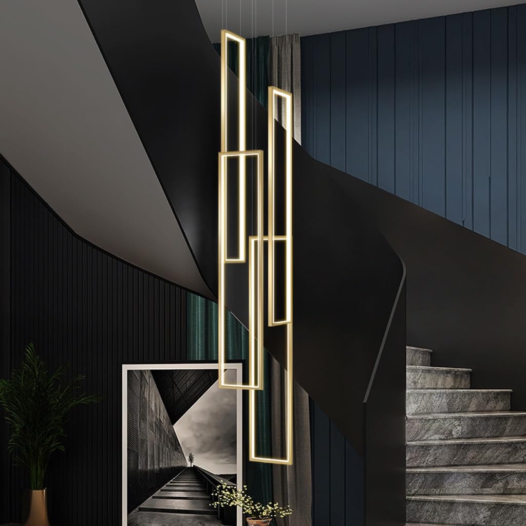 DOCJX Modern Geometry Staircase Pendant Lighting Aluminum Material LED Chandelier Living Room Hanging Lamp Duplex Building Large Pendant Lamp Hallway Stairway Foyer Lampe (Color : Gold, Size : 4 FLA