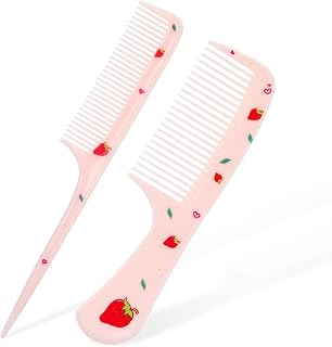 Bremorou Cute Pink Strawberry Toddler Hair Comb Set - Fine Tooth & Rat Tail Combs for Baby Girls, Anti-Static, Portable for All Hair Types