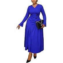 Fooullaide Womens Pleated Midi Dress Elegant V-Neck Bell Sleeve Ruched A-Line Dress for Wedding Guest, Office & Party