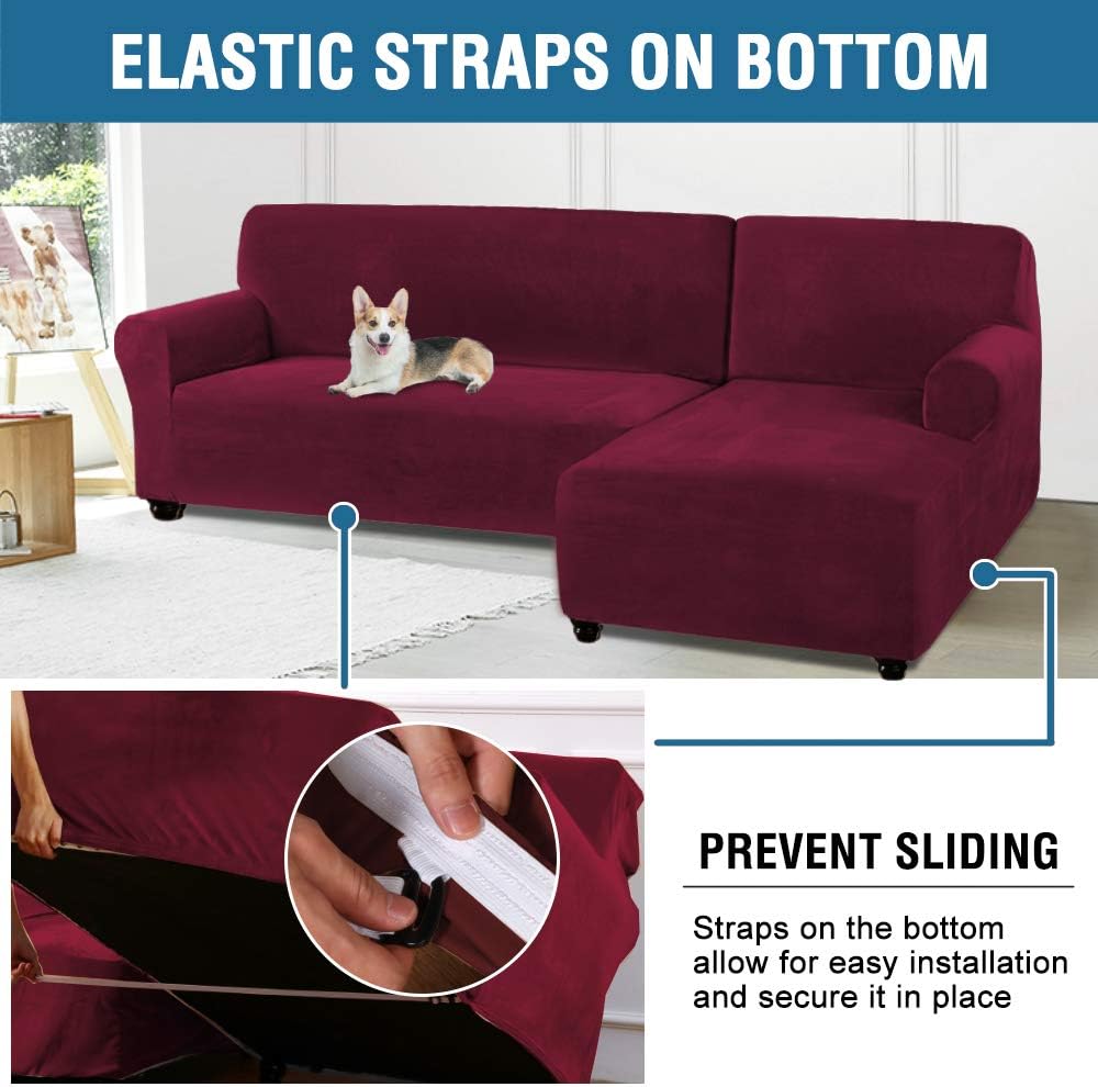 Rich Velvet Stretch 2 Pieces L-Shaped Sofa Covers Anti-Slip Sectional Sofa Slipcovers with Straps Bottom Luxury Thick Velvet Corner Sofa Cover(X-Large Size=Right Chaise with 3 Seater, Burgundy)