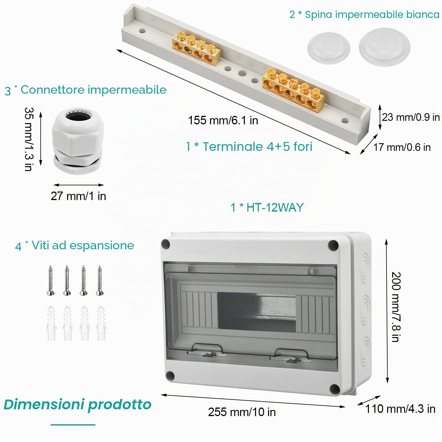 Quadro Elettrico Esterno, IP65 Scatola Elettrica da Esterno, Cassetta Elettrica da esterno per Giardini, siti Industriali, Quadro Elettrico 12 Moduli con Morsettiera, Vite