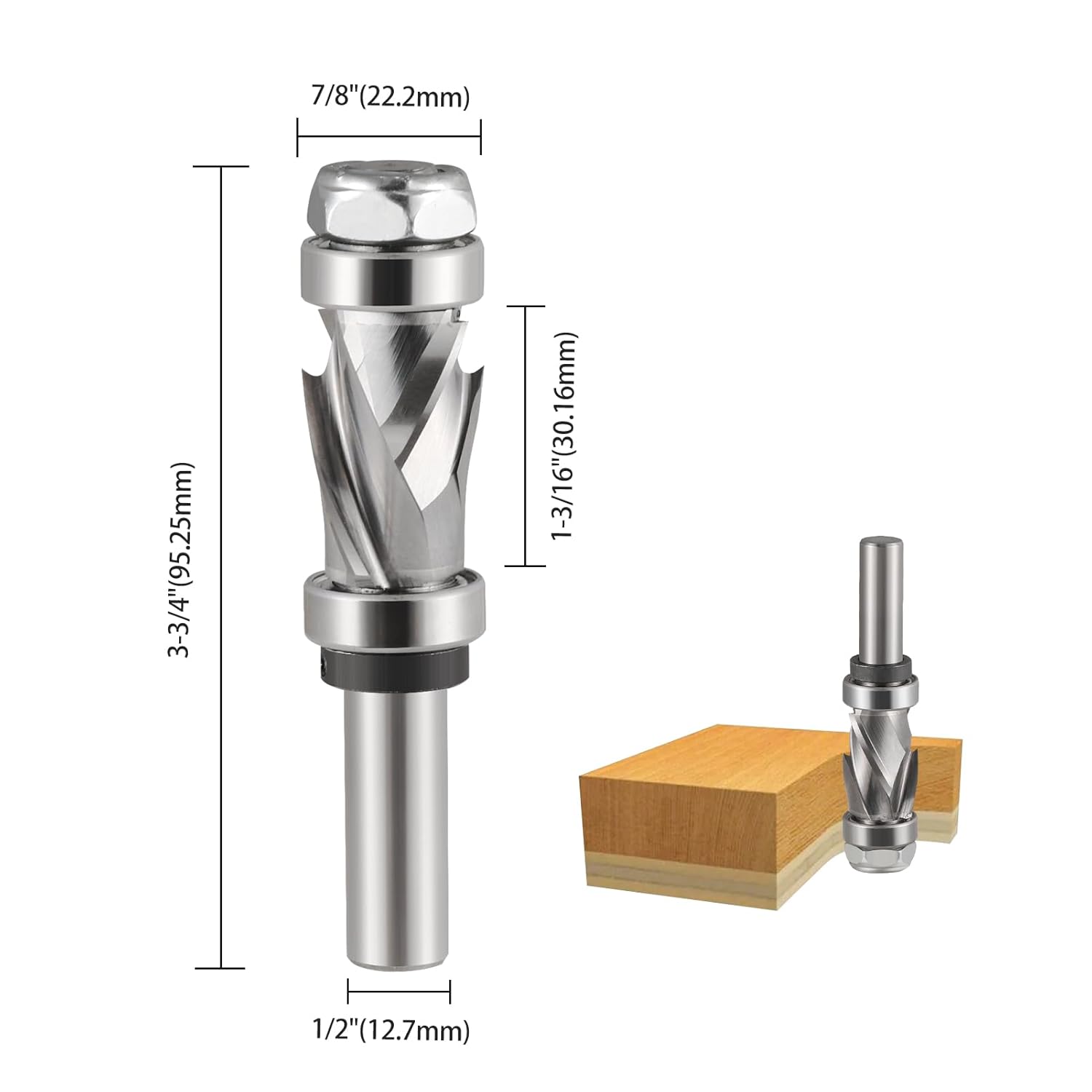 1/2" Shank Compression Spiral Flush Trim Router Bit with Top and Bottom Bearing，7/8" Cutting Dia, Compression Bit for Wood Trimming Template and Pattern Work (7/8" Cutting Dia 1/2" Shank)