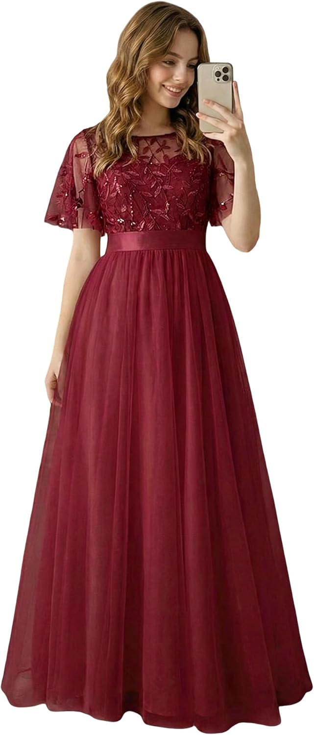 Ever-Pretty Sequin Formal Prom Dresses for Women Ruffle Sleeves Empire Waist A-Line Long Mother of Bride Dress 00904