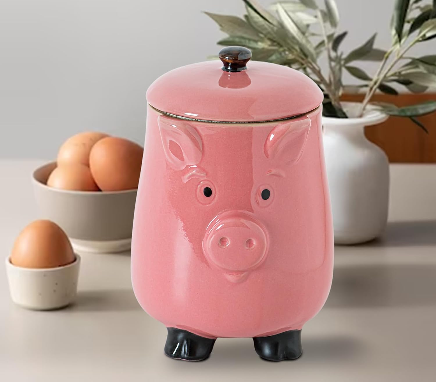 Pig Shaped Cookie Jar - Ceramic Candy Jar with Airtight Lid, Pink Piggy Kitchen Canister for Cookies, Snacks & Treats Storage, Cute Farmhouse Countertop Decor