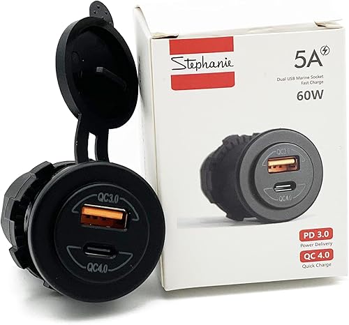 Miniatura 1 de Enchufe dual de 60 W tipo C PD 3.0 (60 W) + USB A (36 W) cargador rápido para automóvil, barco, marina y vehículos recreativos