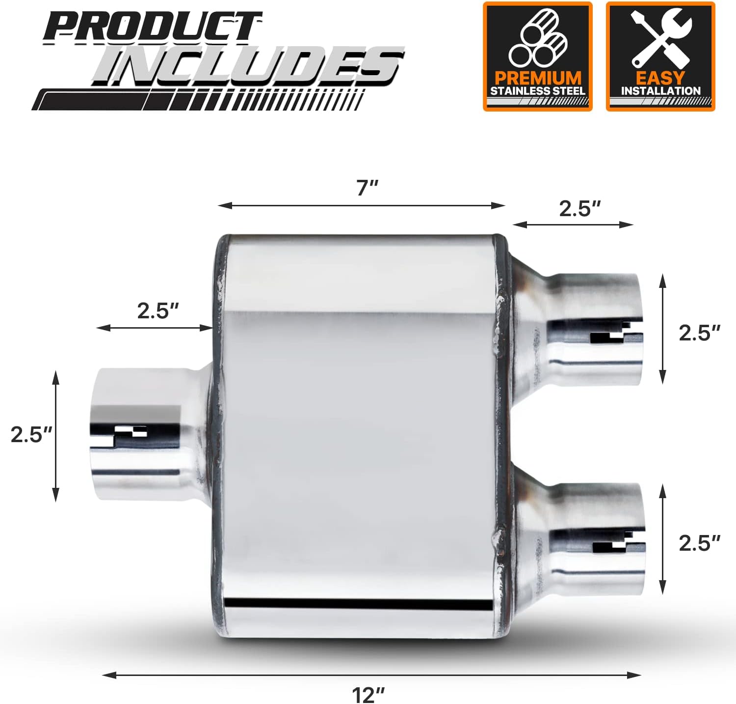 M-AUTO Universal Chrome Welded Muffler, 12.5" Inlet and Outlet Dual Heavy Duty Stainless Steel Direct Fit Exhaust Muffler Assembly, 12" Overall Length, Chrome