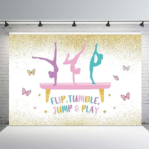 MEHOFOND Telón de fondo de gimnasia de cumpleaños para niñas, gimnastas, volteador, saltar y jugar, suministros de decoración de fiesta, fondo de