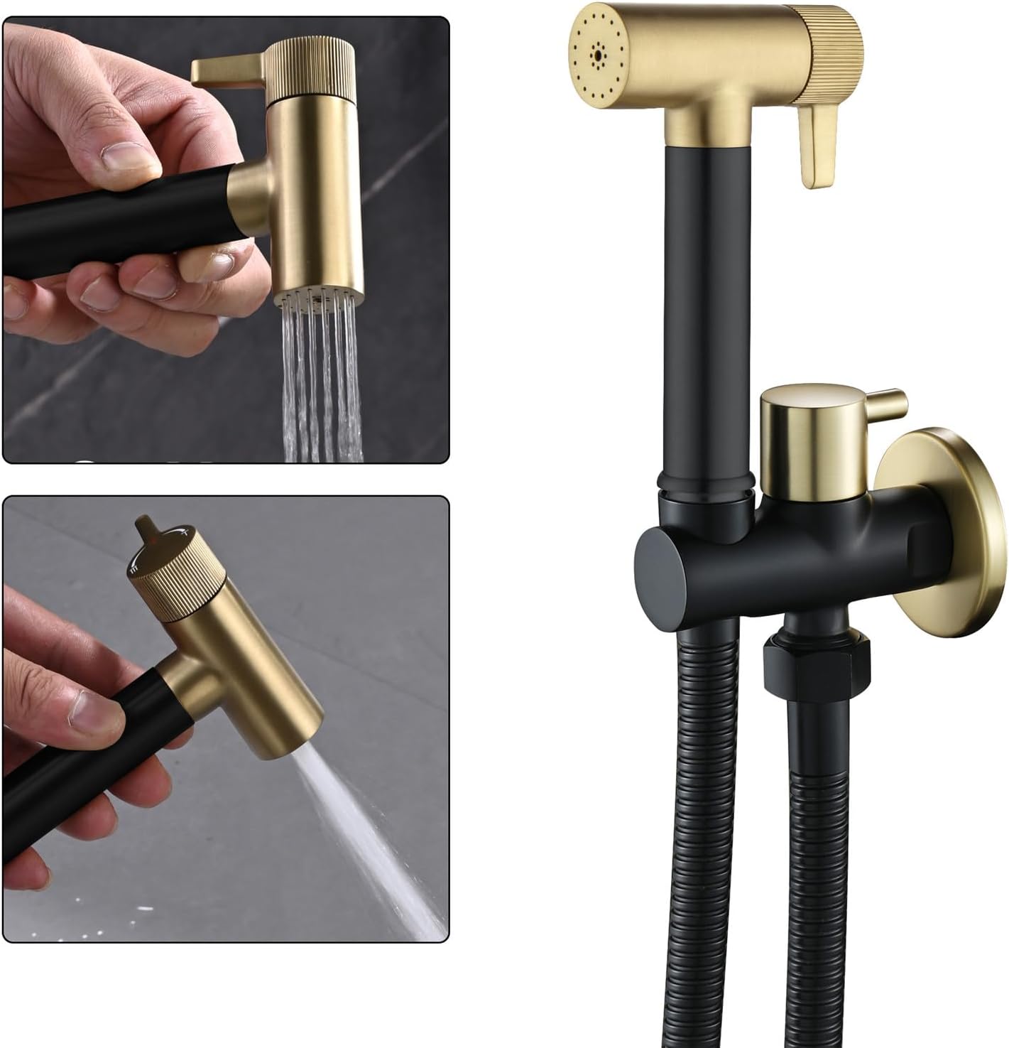 Handheld Bidet Sprayer, Wall Mounted Two Function Douche Spray, Black & Brushed Gold Finish, Circular Brassy Toilet Water Spray, Jet Spray for Toilet with Brass Angle Valve and 1.2m Hose