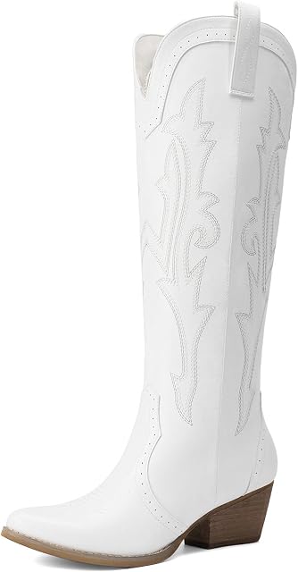 DREAM PAIRS Women's Cowboy Cowgirl Boots Knee High Square Toe Retro Western Embroidery Stitched V Cut Chunky Heel Boots with Side Zipper for Music Festival