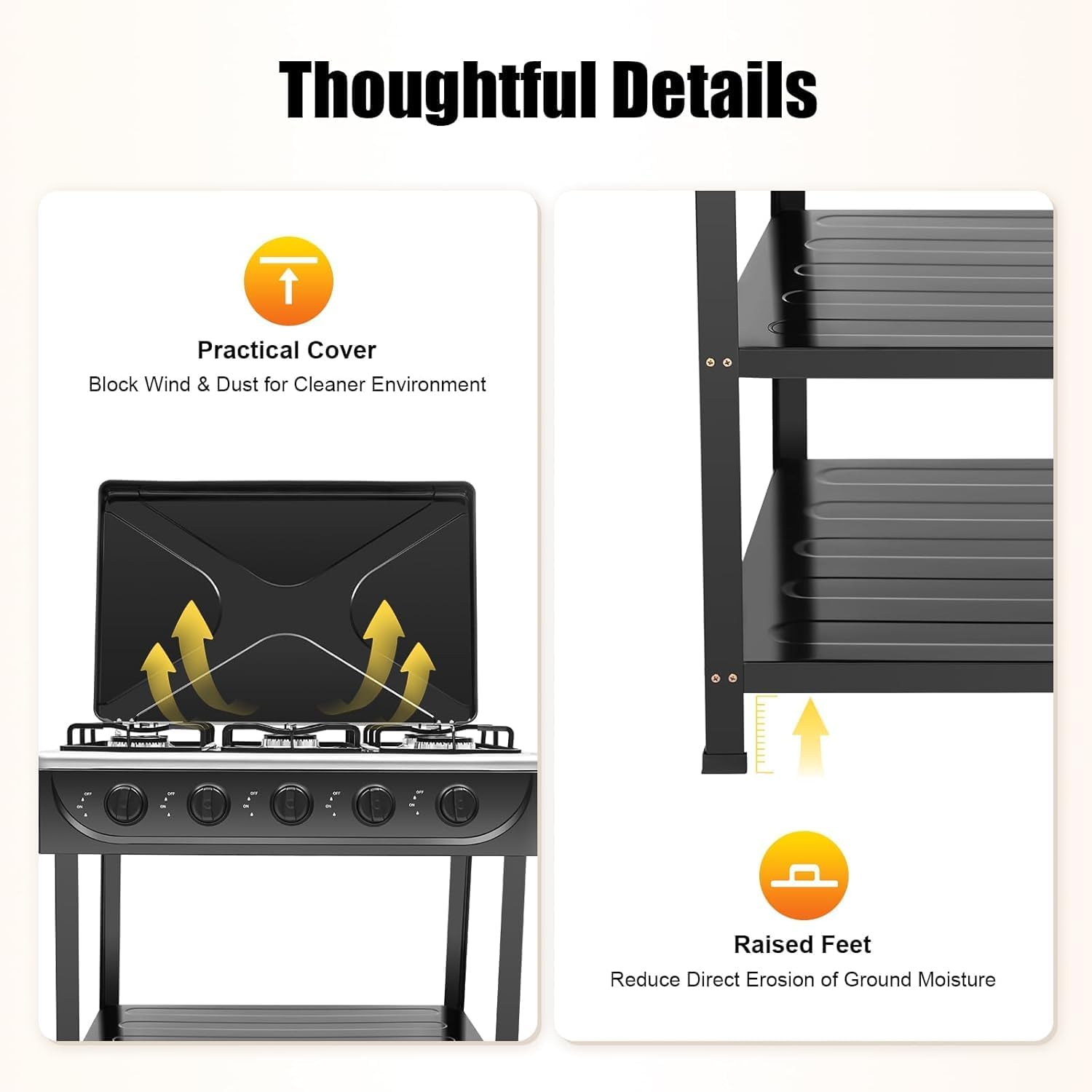 5 Burner Natural Gas Stove, Portable Outdoor Stove 2.5KW Free Standing Floor Cooktop with 2-Tier Storage Rack for Camping, Picnic, RV, Home, Apartment Outdoor Cooking (Black)