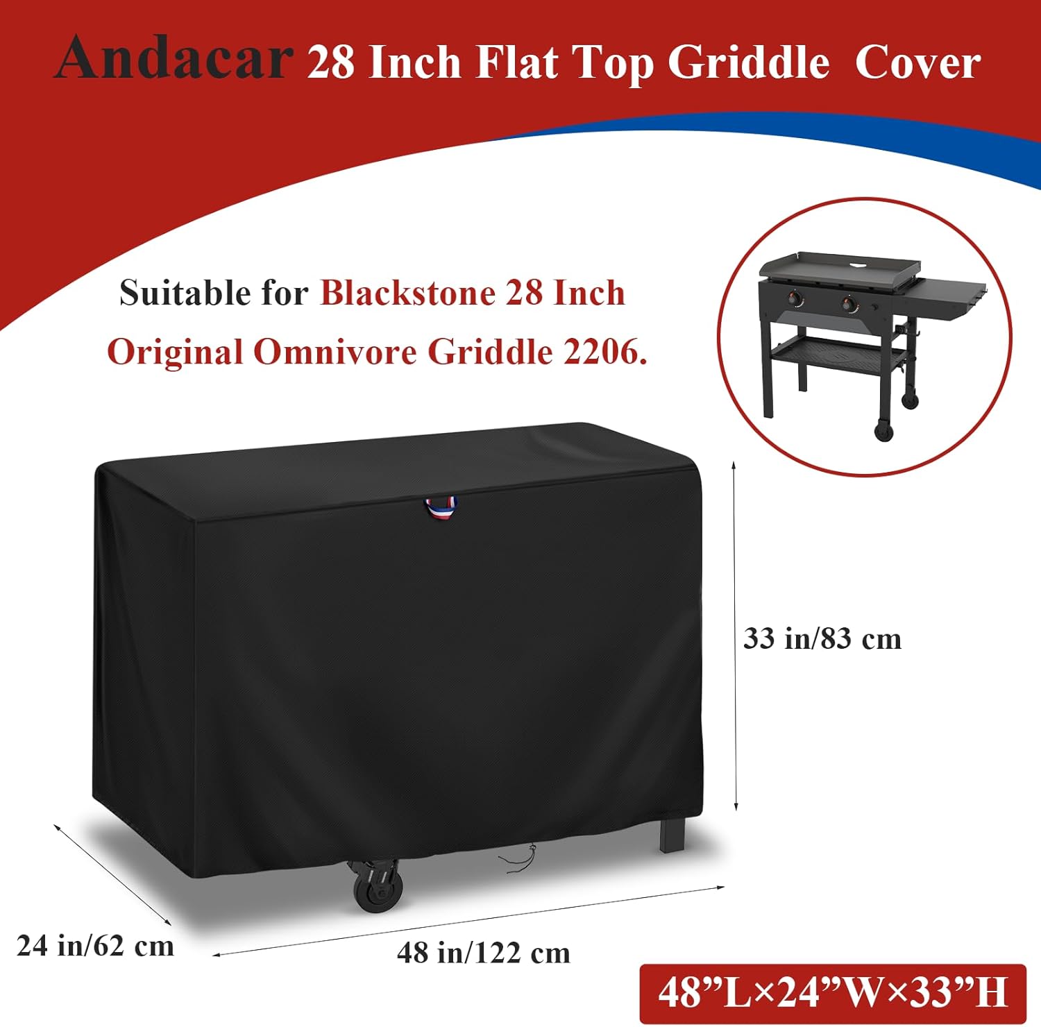 Griddle Cover for Blackstone 28 Inch Original Omnivore Griddle 2206, Outdoor Flat Top Grill Cover for 2 Burner Griddle Heavy Duty Waterproof Gas Grill Covers - 48" L×24" W×33" H, Black