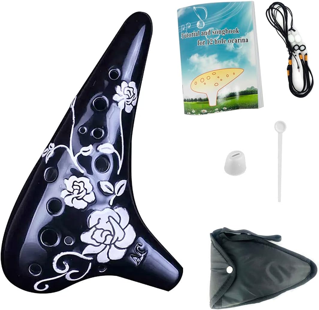 Rose Flower Ocarina 12 Hole Alto C Relief Pattern AC Tone Ceramic Instrument (Black)