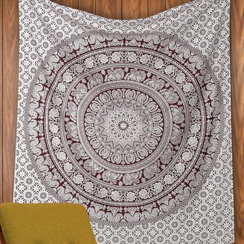 RAJRANG BRINGING RAJASTHAN TO YOU Mandala Wall Hanging Tapestry for Bedroom - 127x152 cm Cotton Hippie Beach Throw Blanket Boho Indian Aesthetic Elephant Tapestries Decor - Burnt Maroon