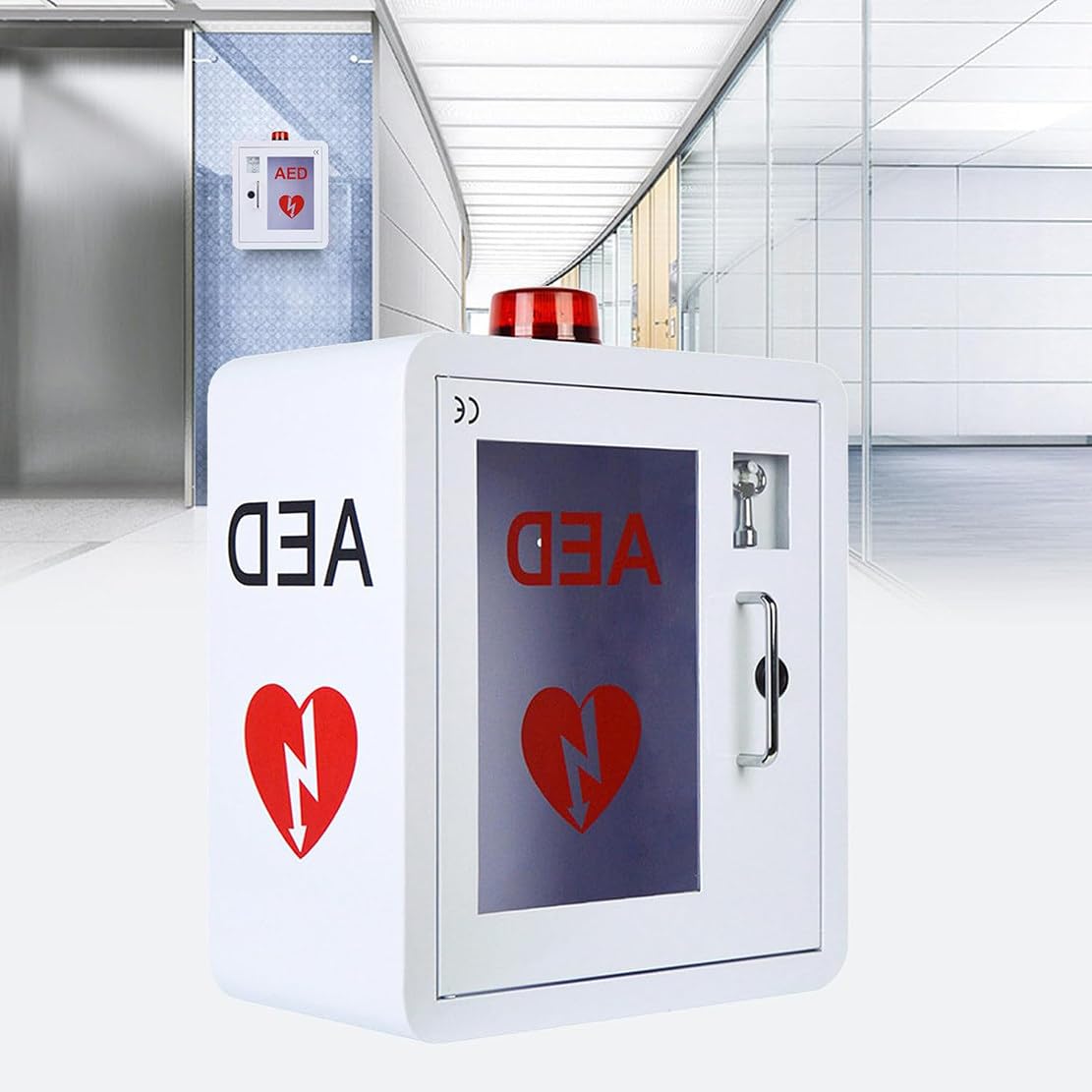 Gabinete de almacenamiento desfibrilador DEA montado en la pared con alarma y luz estroboscópica, gabinete de primeros auxilios de emergencia, para uso en el hogar, oficina, hospital