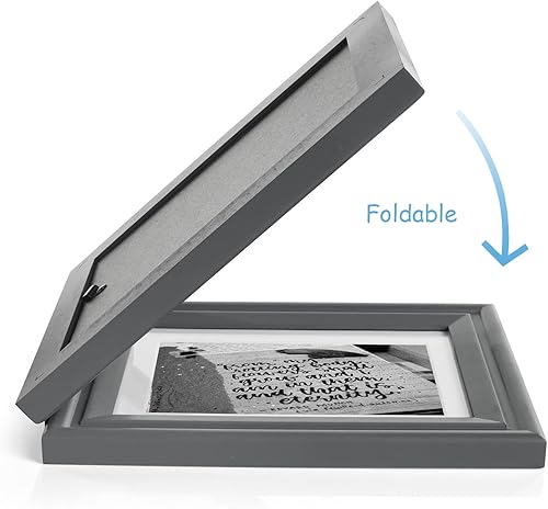 Miniatura 9 de Marco de fotos plegable de madera con bisagras horizontales de 5 x 7 pulgadas con frente de cristal real en gris para mesa, pantalla de 4 x 6 con