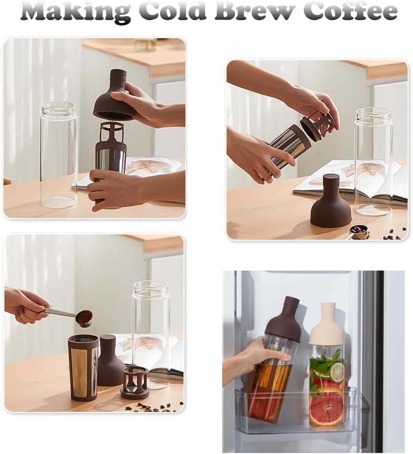 CANDeal 32oz Portable Glass Cold Brew Coffee Maker, Glass Coffee Fruit Tea Tumbler with Double Layer Filter & Lids, Iced Coffee Cups for Office (White)