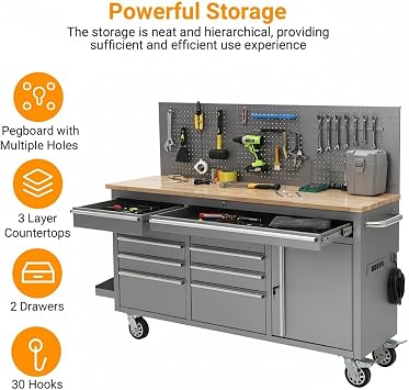 GarveeTech 61-Inch Rolling Tool Chest, 10-Drawer Heavy Duty Garage Workbench with Solid Rubber Wood Top, Power Strip, 1675 LBS Load Mobile Storage Tool Cabinet - Black Workstation