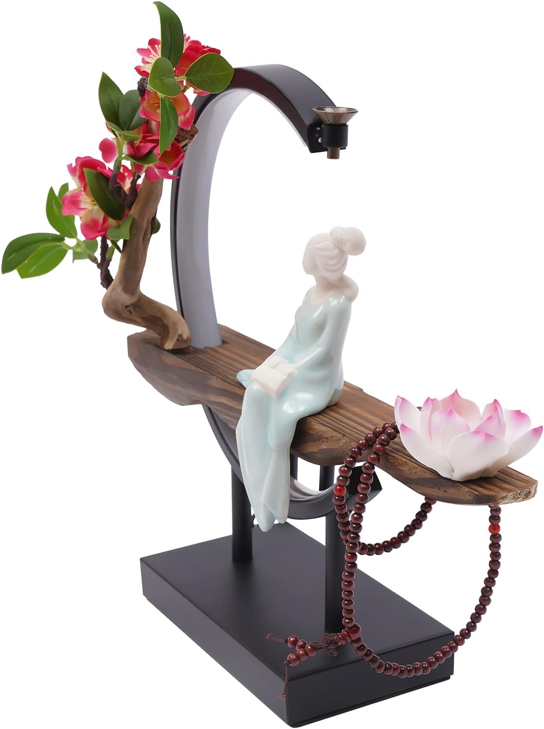 Backflow Incense Burner Incense Cone Sticks Holder with LED Lights, Begonia,Lotus Flower&Buddha Bead Bracelet, Porcelain Lighted Illuminated Relaxation for Home Office Decor