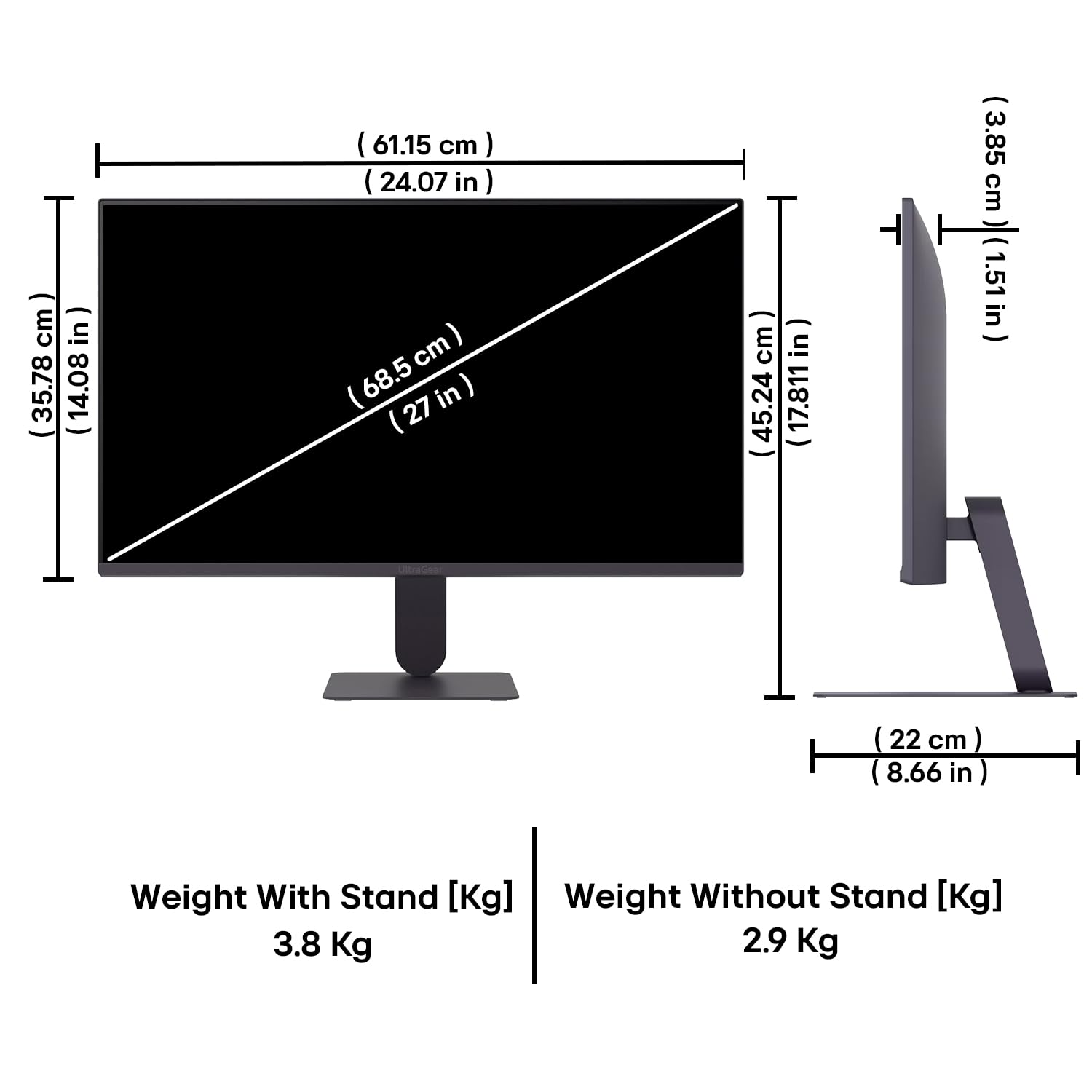 LG 27G411A monitor dimensions and weight