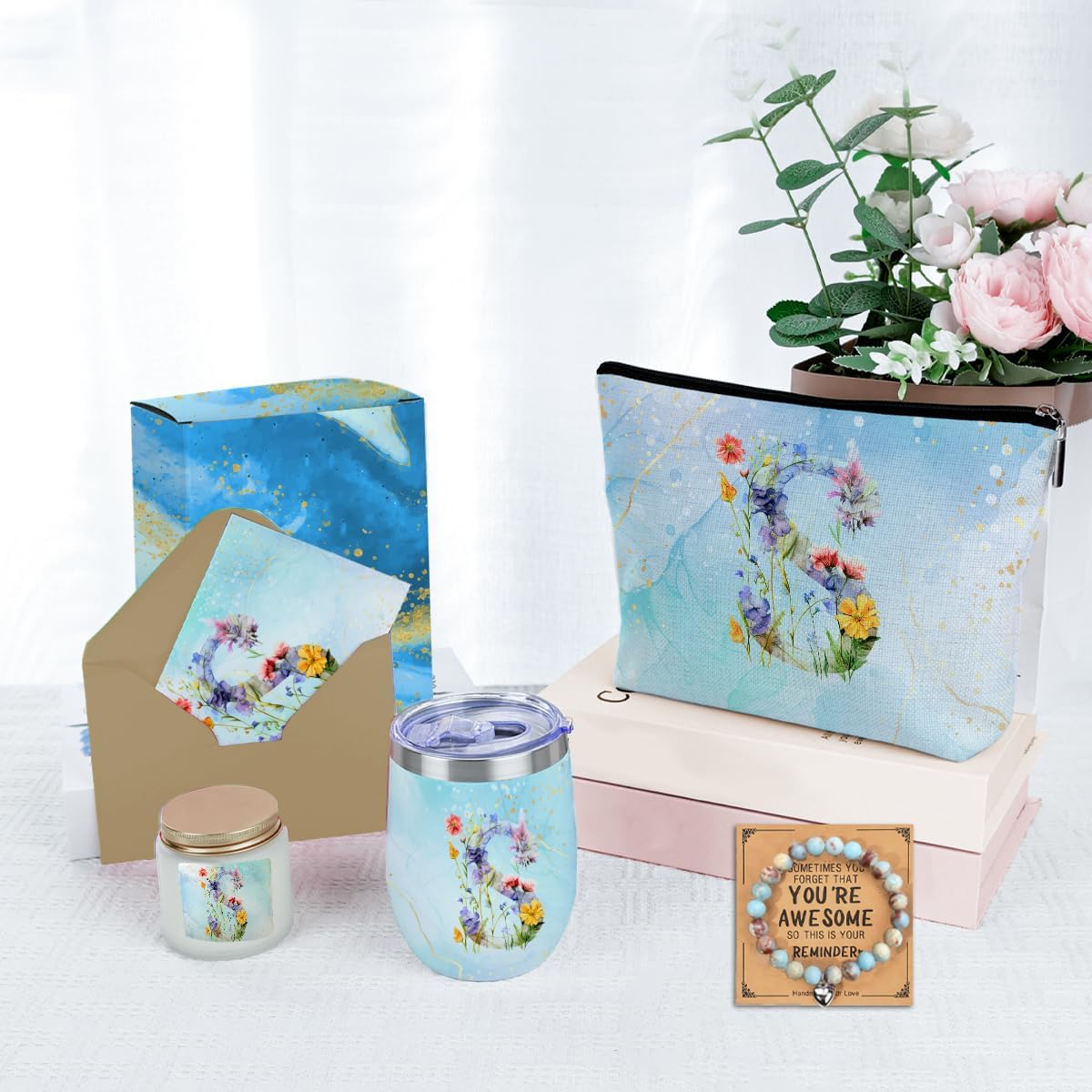 Personalized Gifts Monogrammed Birthday Gifts for Women, New Mom, Grandma Valentine's Day Thank You Christmas, Initial Wine Tumbler Makeup Bag Scented Candle Bracelet Set, (Aesthetic Blue Flower S) - Image 4