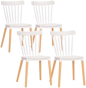 HOMCOM Juego de 4 Sillas de Comedor Estilo Nórdico Sillas de Cocina con Respaldo Alto Asiento de Polipropileno y Patas de Madera de Haya Carga 120 kg 48x52,5x83 cm Blanco
