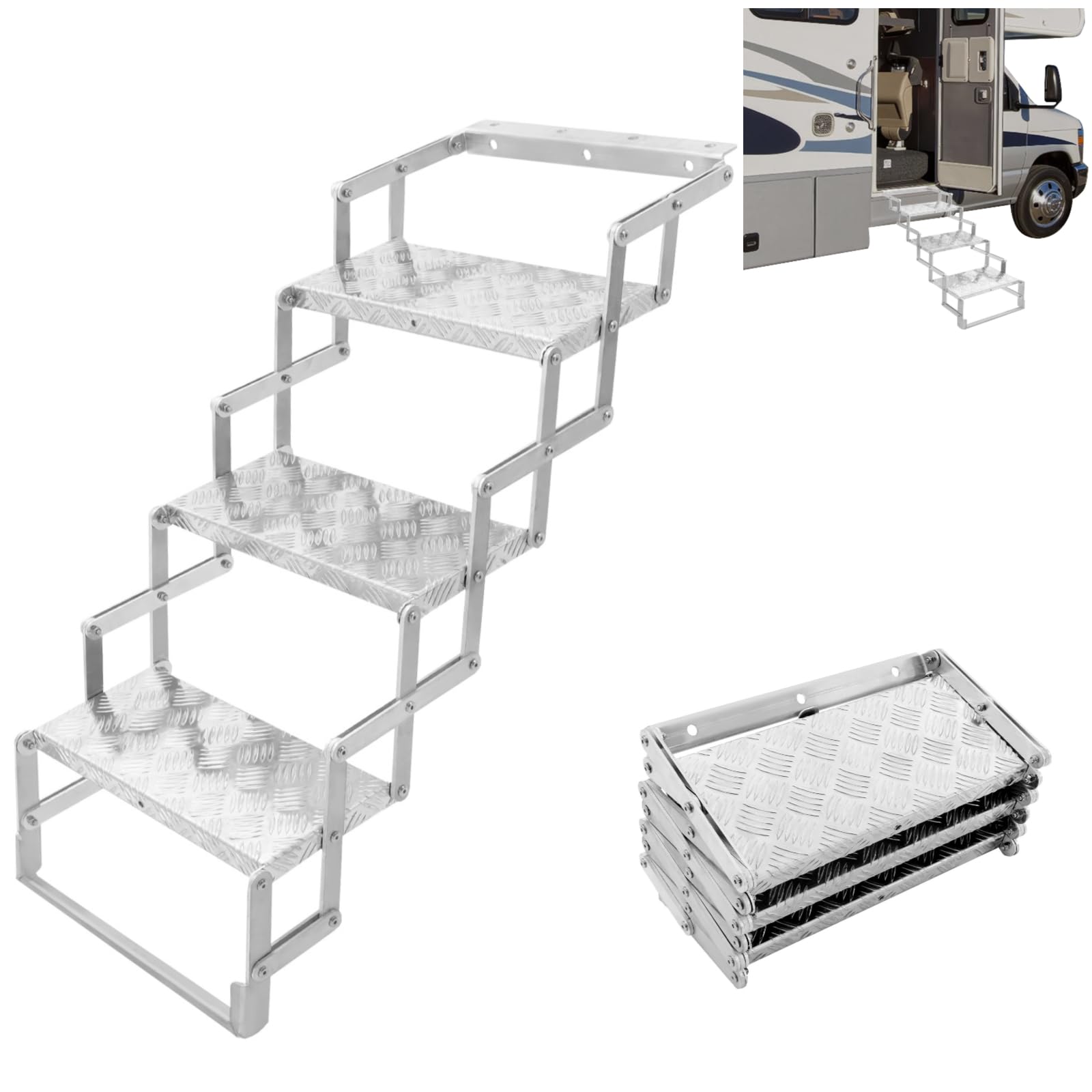 3-Step Aluminum Scissor Stairs, 17" Wide Folding RV Step Ladder